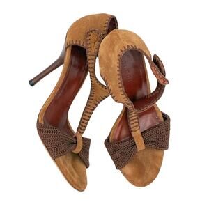 Gucci Vintage Brown Suede T-Strap Sandals Heels